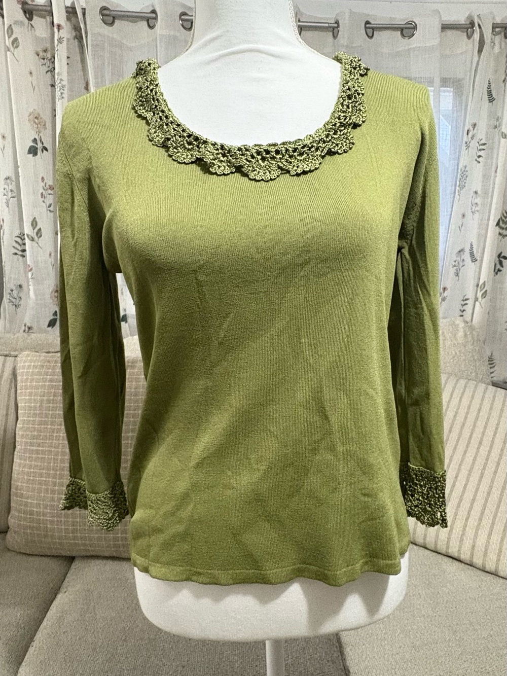 Olive Green Long Sleeve Top with Crochet Trim